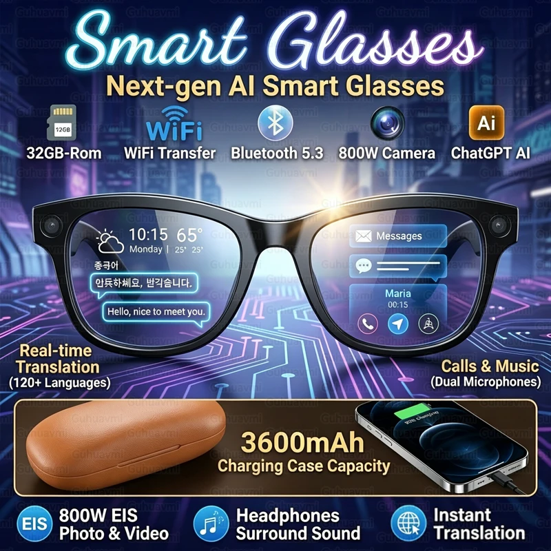 New M02 Ultra AI Smart Glasses 32GB ROM 1080P Camera Video Recording ChatGPT 3600mAh Charging Case Translation Music Sunglasses