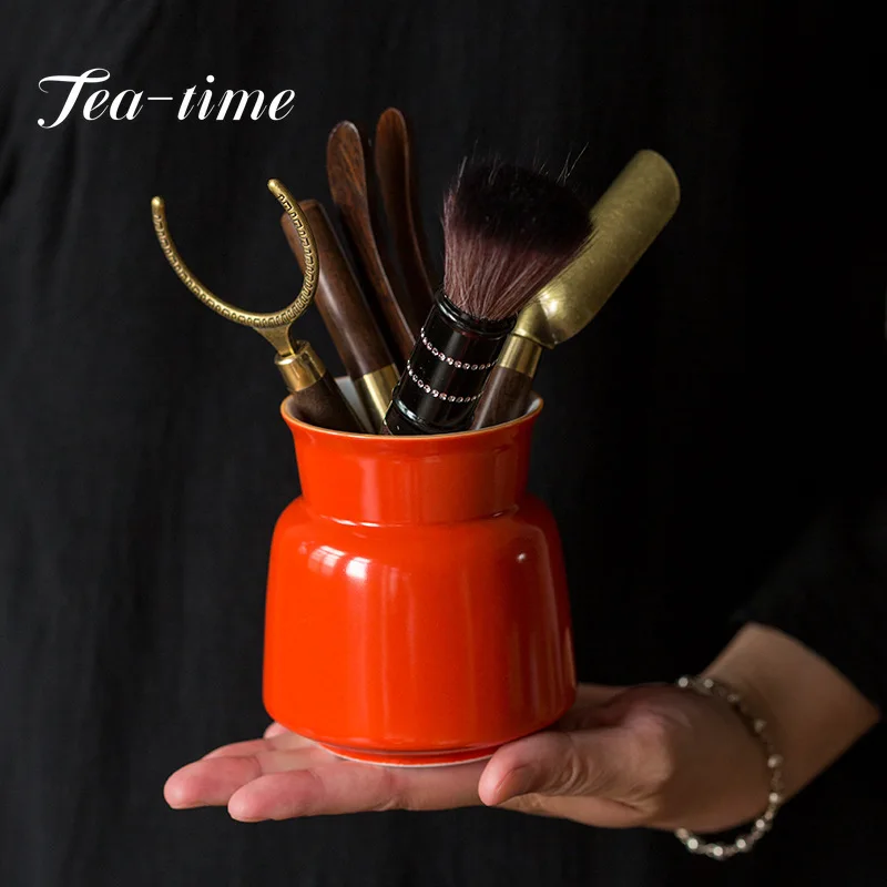 Coral Red Glaze Ebony Tea Ceremony Six Gentlemen Solid Wood Ceramic Set Wood Tea Knife Pen Holder Kung Fu Tea Set Accessories