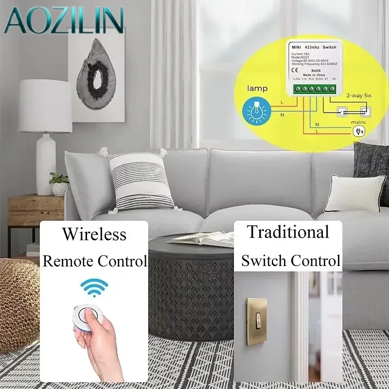 AOZILIN Wireless RF 433MHz Light Switch AC110V 220V 240V 16A Remote Module 2 Way Timing Range10 10Pack