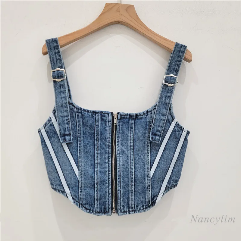 

Retro Hot Girl Denim Camisole Women's Summer New Niche Design Short Slim Outer Wear Midriff-Baring Top 2024