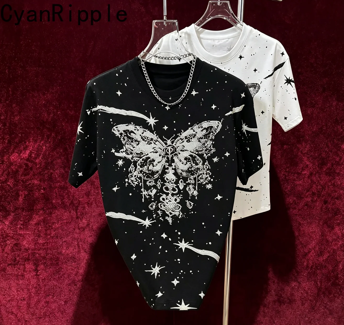 

Handsome New Spring Summer Male T-shirt All-match Trendy Butterfly Hot Diamonds Round Neck Pullover Top Streetwear Men's Tees
