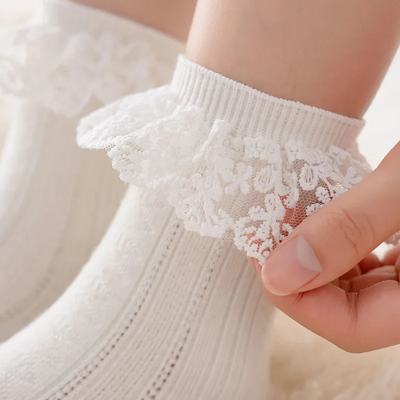 Lolita Lacework Ruffle Socks Sweet Girls Kawaii Cute Princess Socks JK Japanese Fashion Solid Color Black White Beige Long Socks