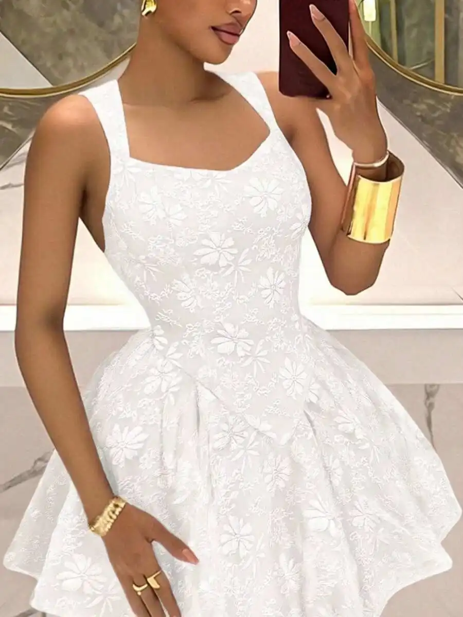 Elegant White Floral Lace A-Line Mini Dress For Party Wedding Guest Brunch