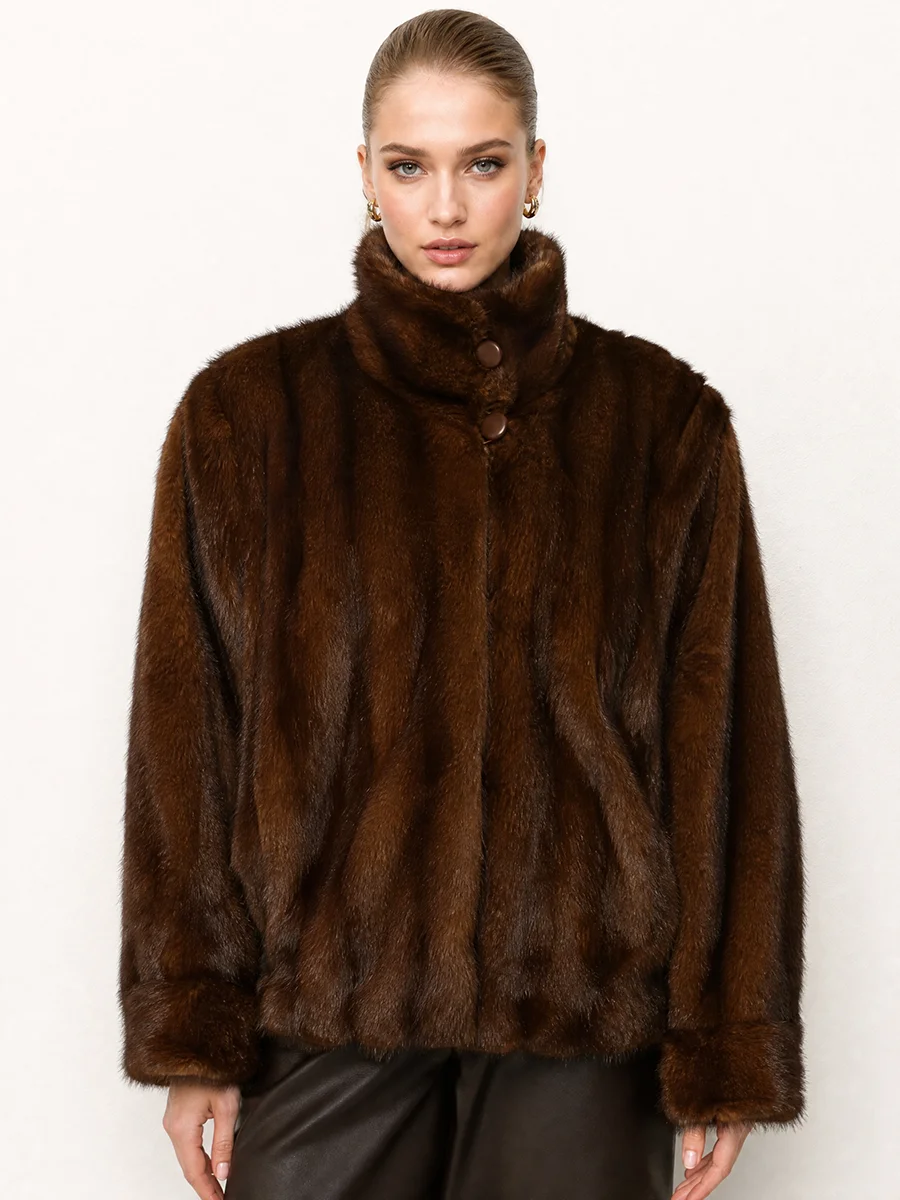 Women's Faux Fur Coat Stand Collar Button Front Thick Warm Winter Jacket Luxe Elegant Quiet Luxury Chic