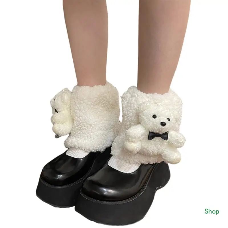 

Dropship Faux Lamb Fleece Leg Warmers Socks with Cartoon Bear Dolls Short Boot Cuffs