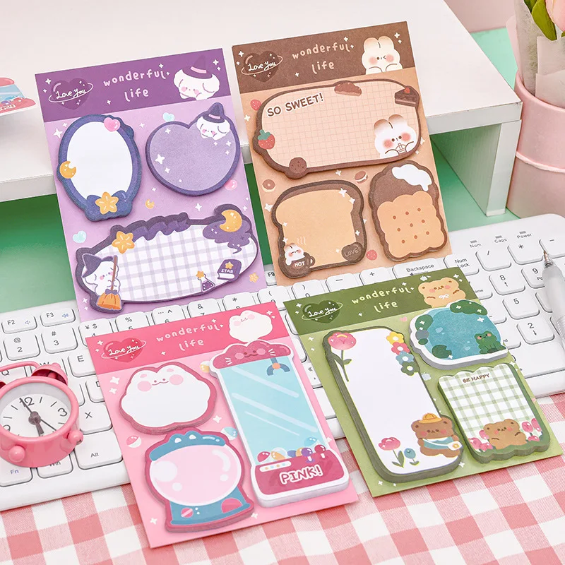 4pcs/lot Cartoon Combination Sticky Notes, Students Stationery Supplies, N-time Stickers, Notebook Notes, Cute Message Notes