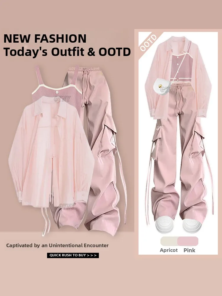 

Pink Dopaamine Set Women's New Style Strap Vest Pink Shirt Match Workwear Long Pants Fashion Set Three Pieces Long Sleeve Pol...