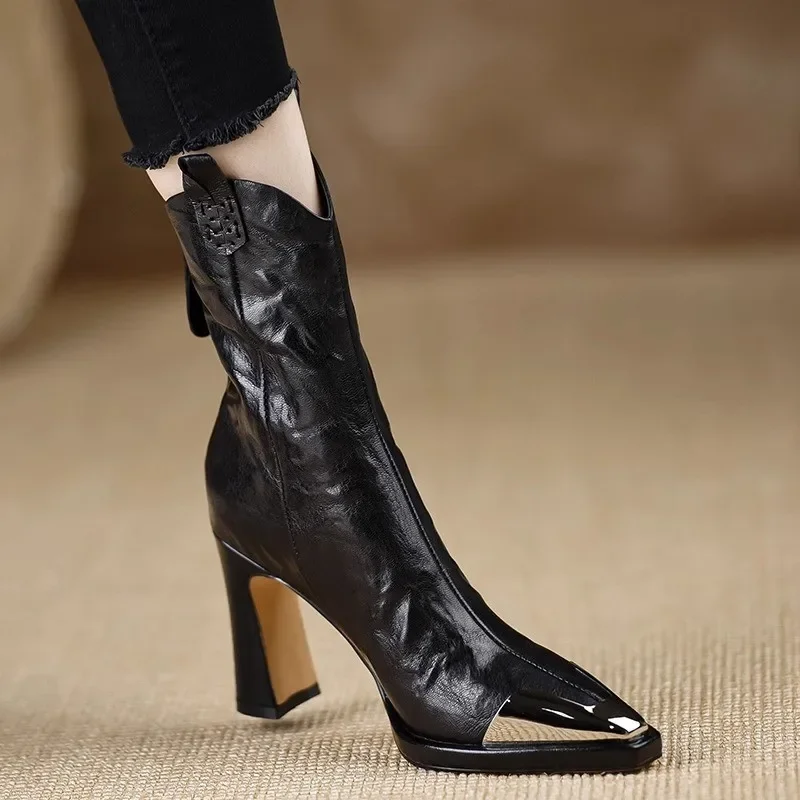 2024 New Metal Square Toe Ankle Boots for Women Fashion Patent Leather Women\'s Shoes Botas Mujer High Heels Shoes Women Zapatos