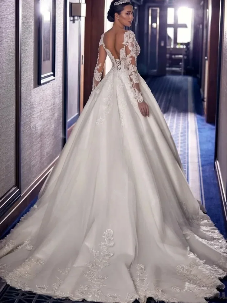 Flavinke ที่กําหนดเอง Chapel A-Line ชุดแต่งงานยาวเสื้อ \ \ \ \ \ \ \ \ \ \ \ \ \ \ \ Appliques LACE-up เจ้าหญิงชุดเจ้าสาว ...