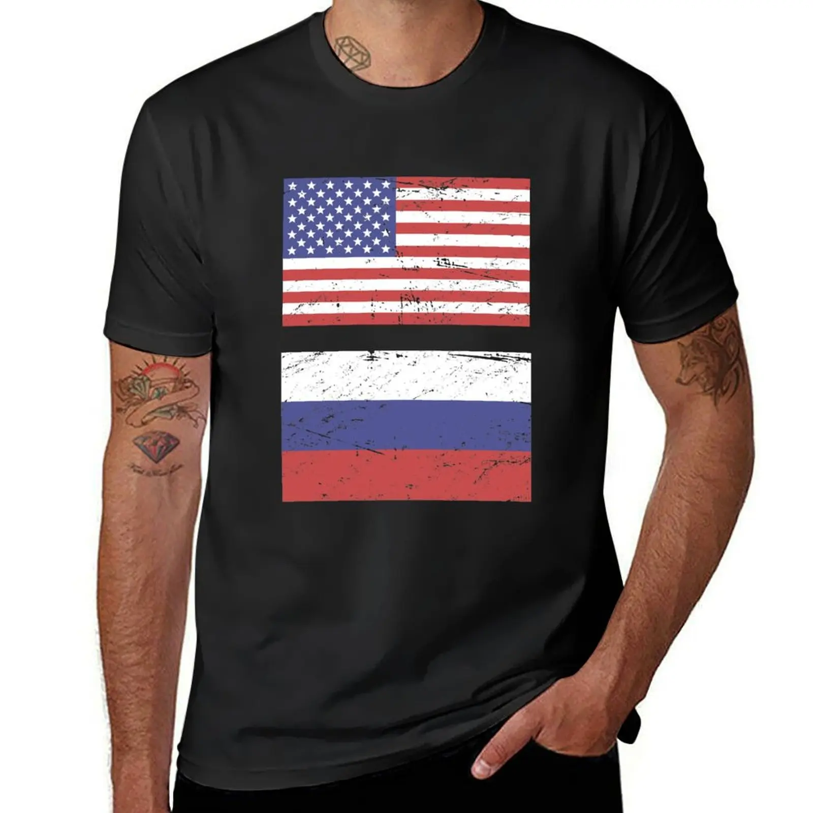 United States Flag & Russia Flag T-Shirt anime clothes tees graphics sweat fitted t shirts for men