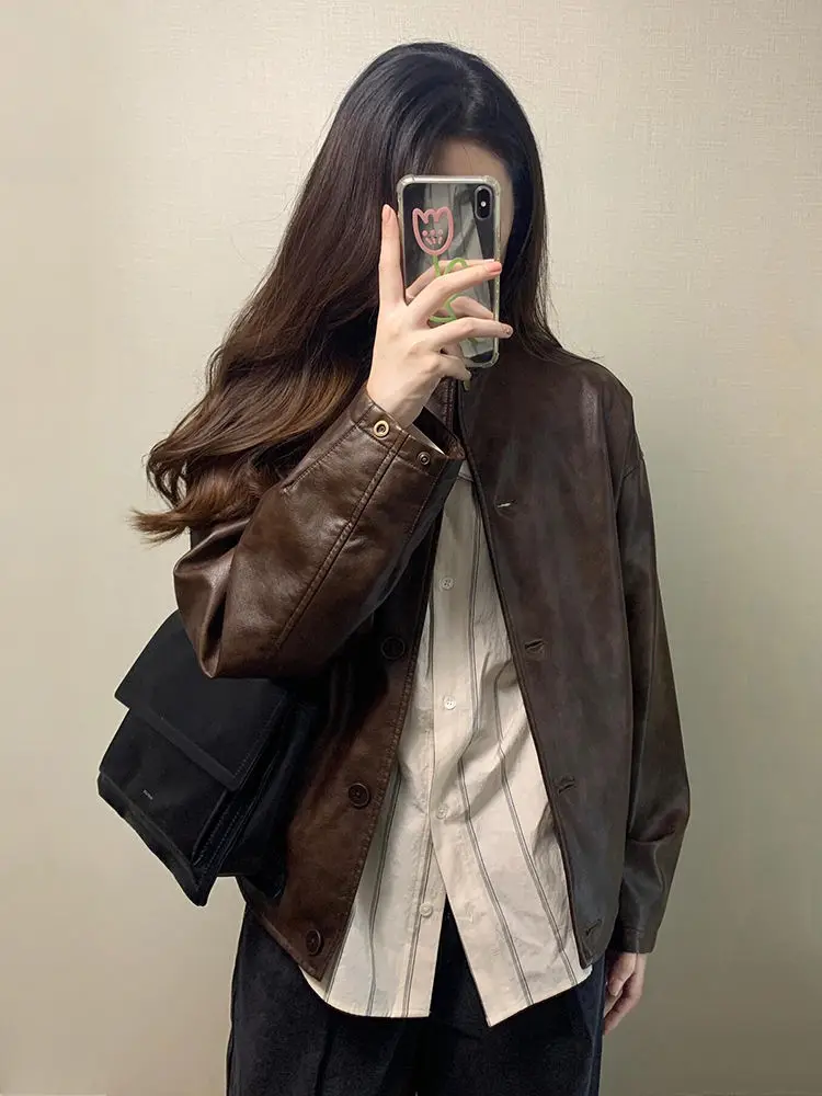 Retro Brown Short Leather Jacket Women's Spring Autumn New Style Merald High-End Feelings Personality PU Motorcycle Jacket