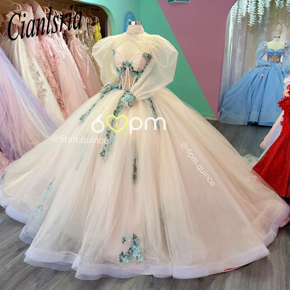 Vestidos De encaje Floral 3D champán para quinceañera, vestido De baile, corsé De corazón, dulce 15 Años