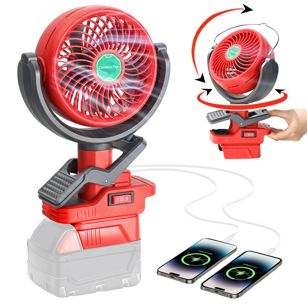 

Portable Clip Fan Compatible with Milwaukee 18V Battery, Battery Powered Fan with Dual USB Charging, Cordless Fan with Adjustabl