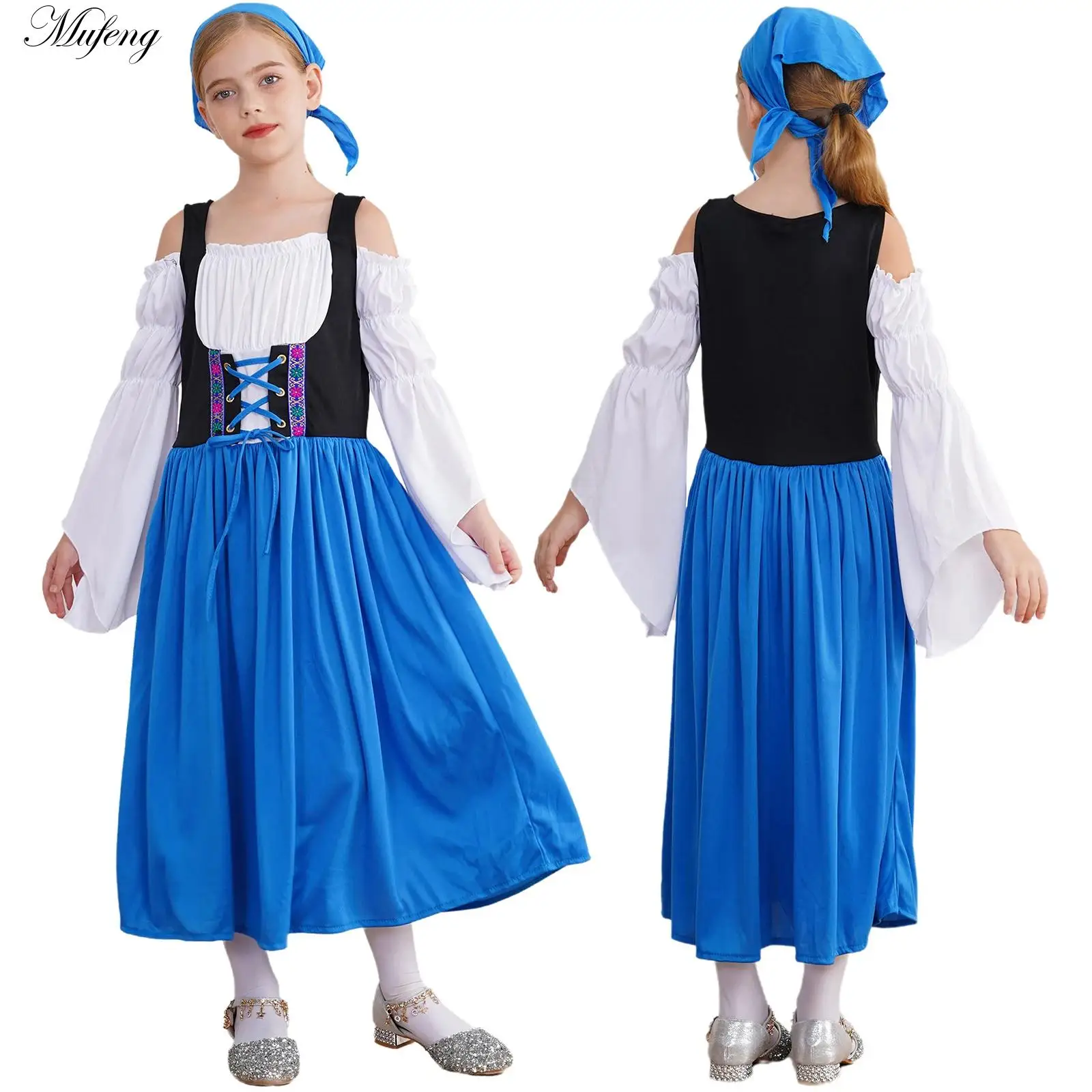 Girls Oktoberfest Costumes Bavarian Dirndl Dress Cold Shoulder Dress Headscarf Sets Traditional Festival Halloween Maid Dress Up