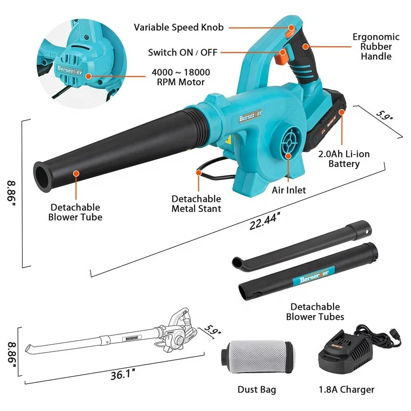 Berserker 20V Cordless Leaf Blower with 2.0Ah Battery 2-in-1 Mini Electric Powered Handheld Variable-Speed Yard Vacuum