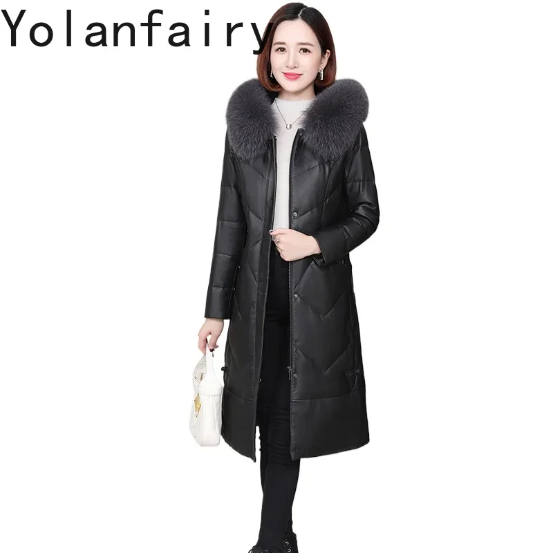 

YOLANFAIRY Sheepskin Real Leather Outerwears Winter 90% White Duck Down Liner Coats Fox Fur Collar Womens Jacket Long Chaquetas