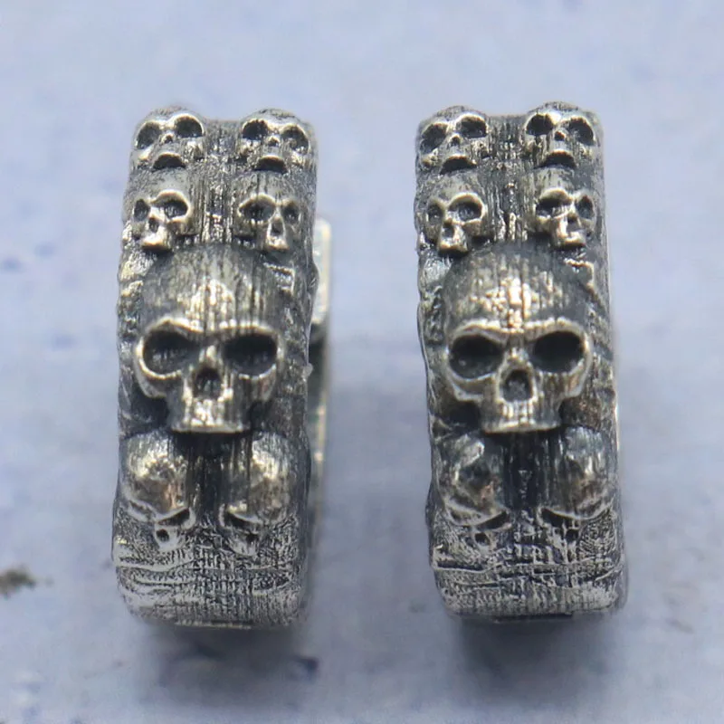 

8g Hiphop Relief Skull Street Fashion Rings Customized 925 Solid Sterling Silver Earrings Punk