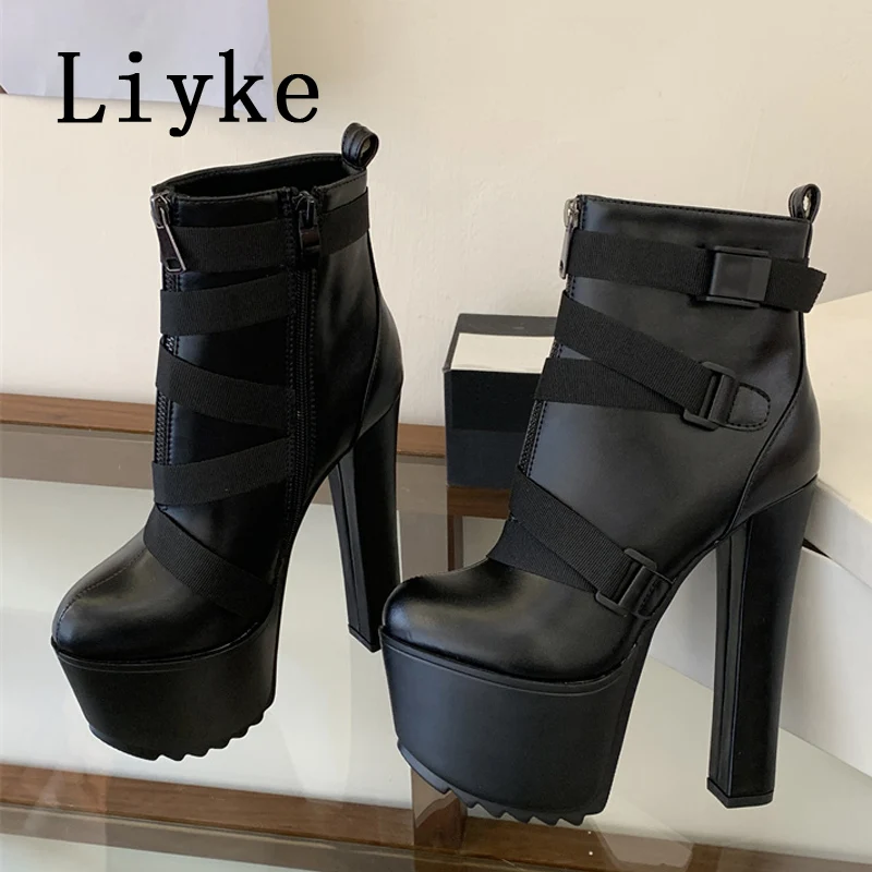 Liyke Autumn Winter Chunky Platform Boots For Women Fashion Round Toe Zip Belts Strap Super High Heels Stripper Pole Dance Shoes
