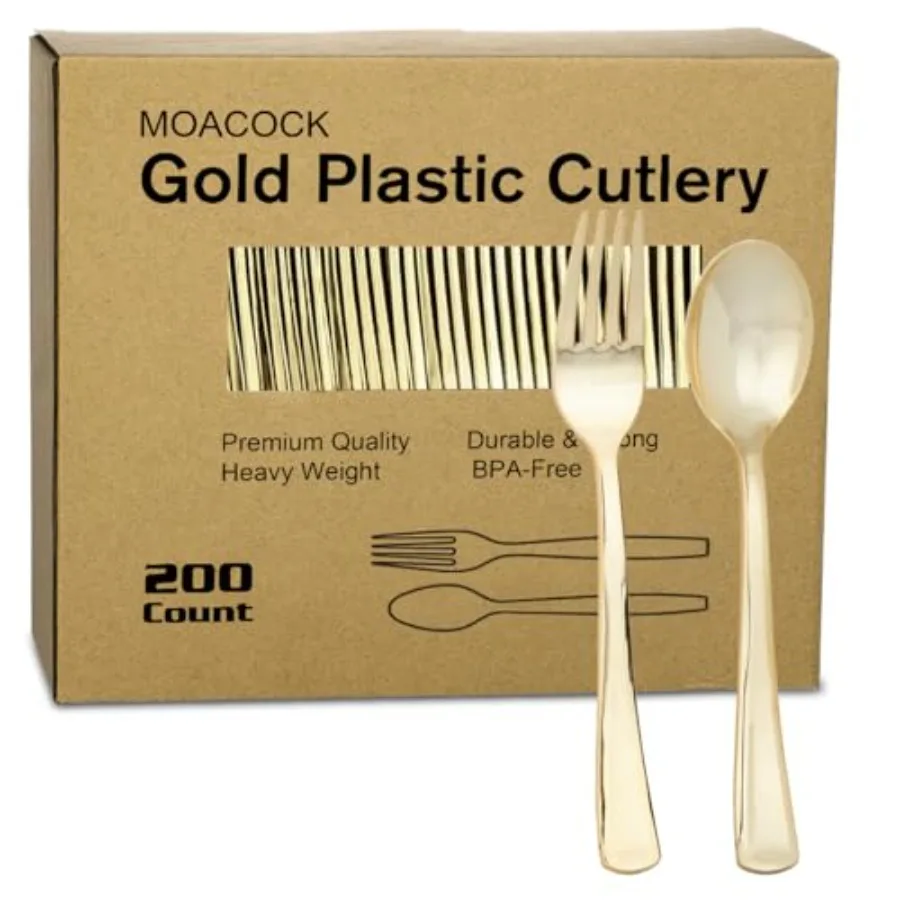 

200 Count Plastic Sierware, Heavy Duty Plastic Utensils Set 100 Spoons and Forks, Gold Spoons and Forks Set for Catering Party