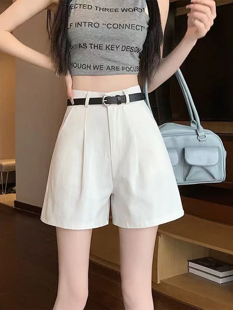 Women A-Line Shorts Office Lady Vintage Solid Color High Waist Short Pants Casual Streetwear Summer Female Loose Wide Leg Shorts