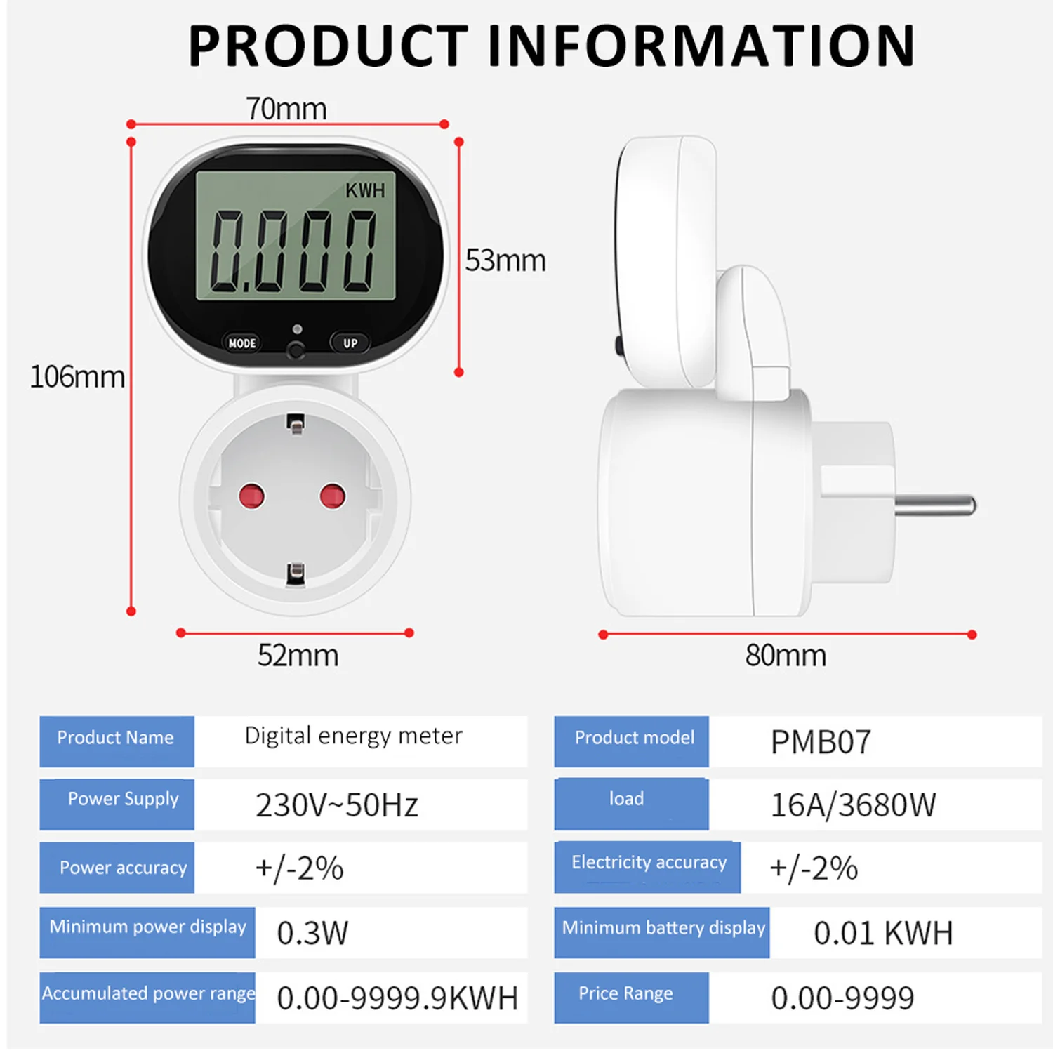 Imagem -05 - Medidor de Energia Digital Wattmeter 45 ° Rotativo Grande Lcd Power Metering Soquete Medidor de Consumo de Eletricidade Testador de Potência 3680w