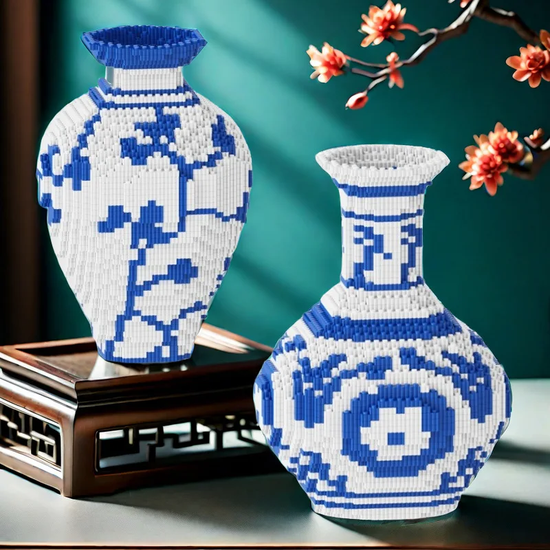 スムースシリーズ-組み立て可能な青と白の磁器製花瓶-3d-ビルディングブロック-インターロッキング粒子玩具-対象年齢-4-歳以上