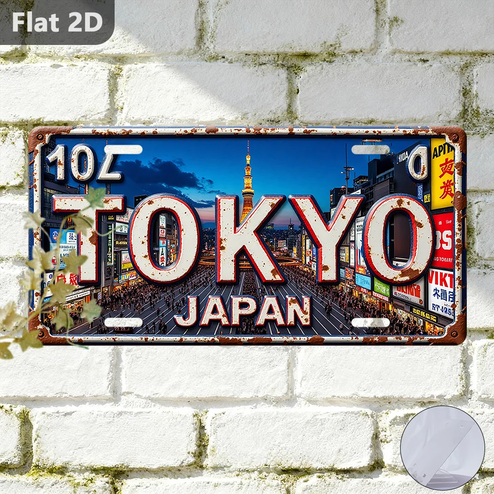 A Retro-style 2D Flat Sign, Measuring 30x15cm, Depicting the Tokyo Cityscape and the Words 