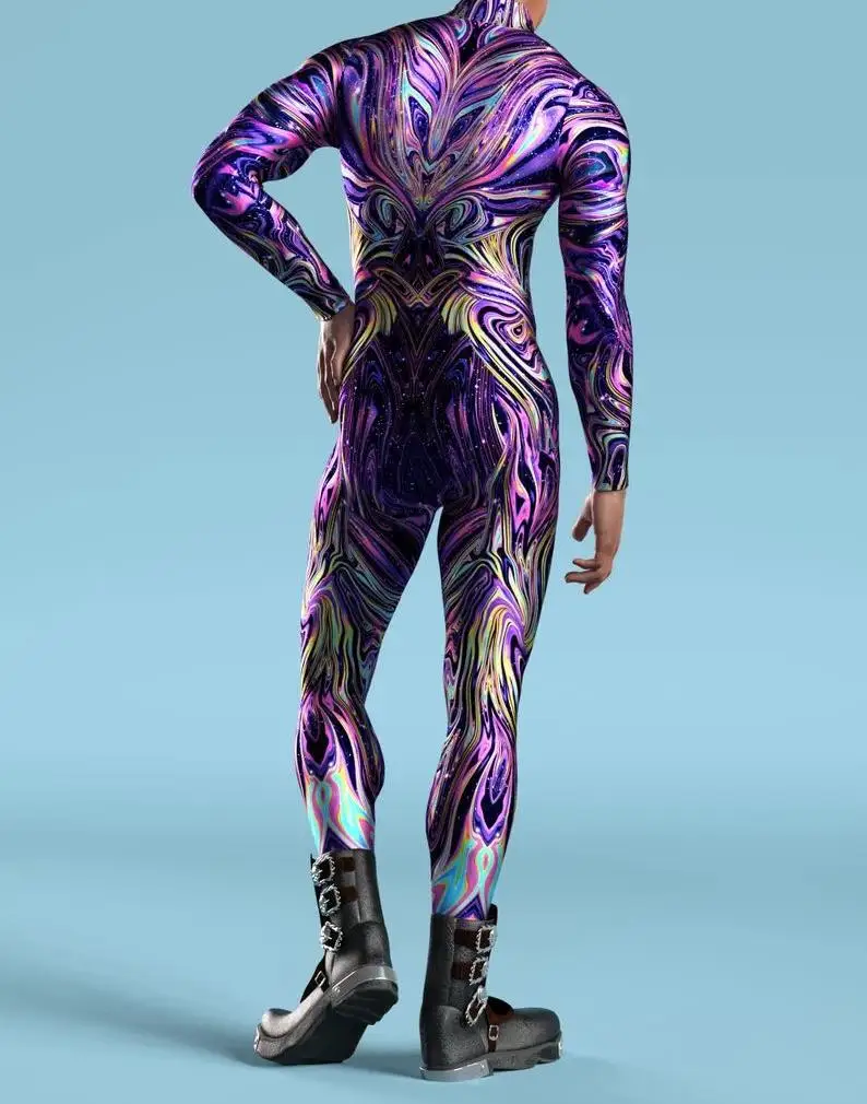 Mehrfarbiger Digitaldruck-Jumpsuit für Damen, Cosplay, Halloween, Karneval, Kostümparty, Performance, Reißverschluss, elastischer, schmaler Bodysuit – Detail 23