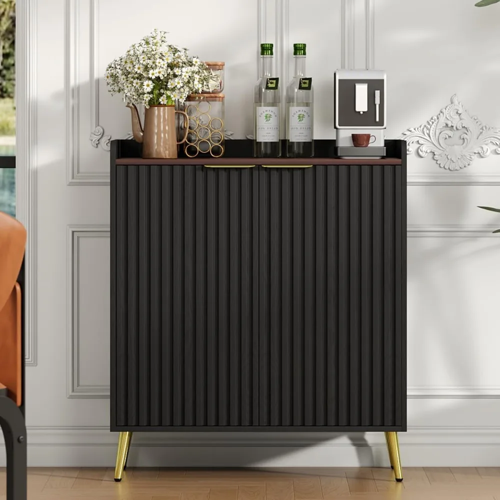 Farmhouse Style Wine Bar Cabinet with Fluted Doors, Glass Holders, and Removable Rack for Modern Coffee Storage