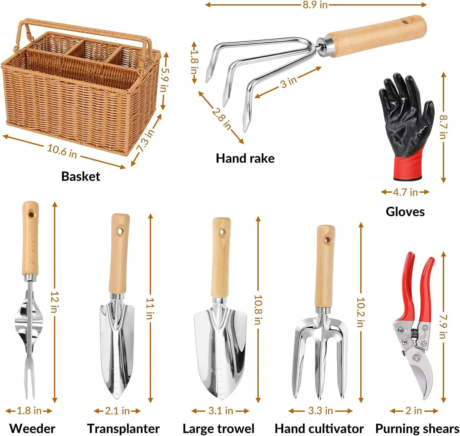 Gardening Hand Tools with Basket – Garden Tool Set with Pruning Shears, Cultivator, Gloves – Heavy-Duty Stainless Steel G