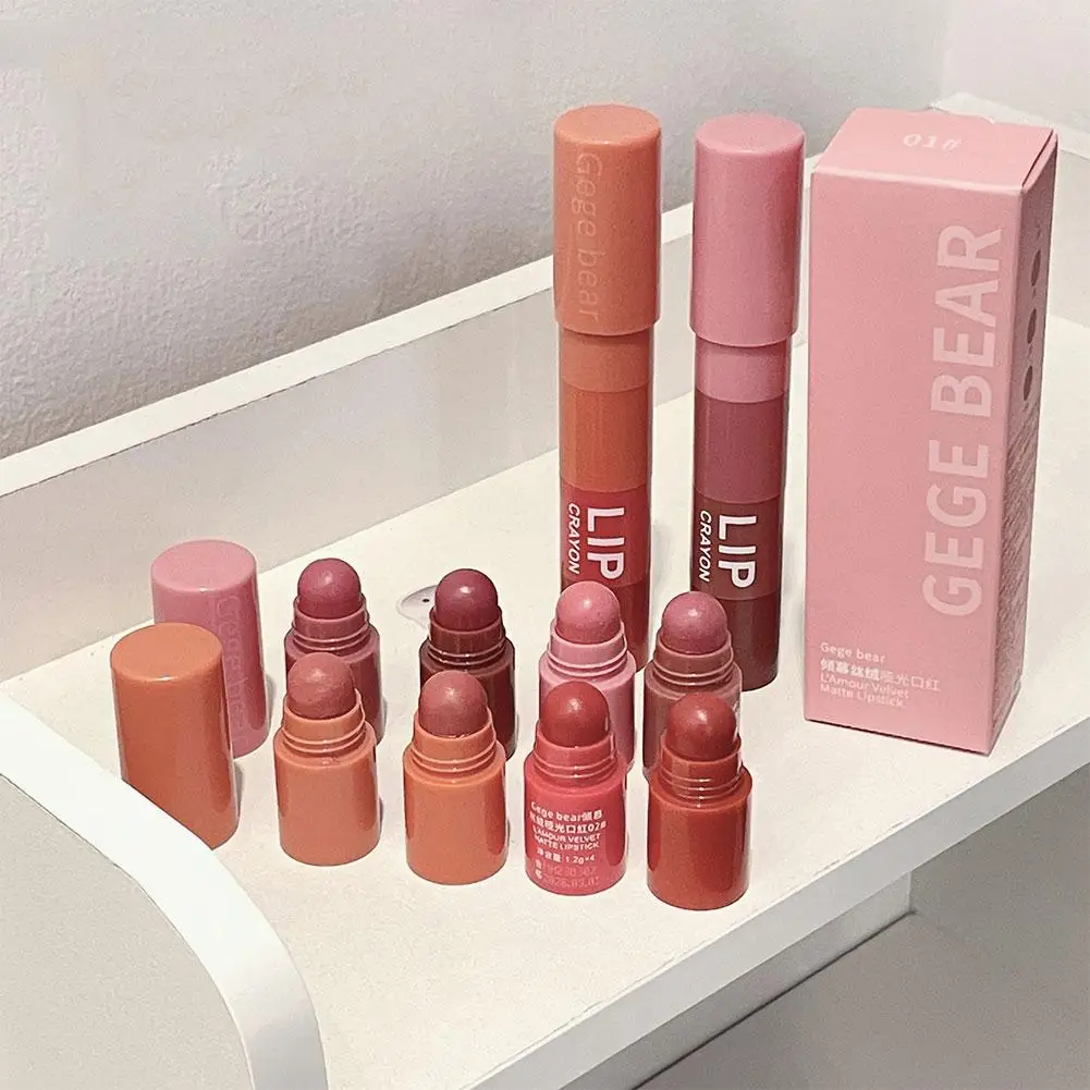 4 Stück Lippenstift Guave rosa rot Pampelmuse Farbverlauf Farbe kleine Größe matt Samt mehrfarbigen Lippenstift Set stapelbare Make-up Kosmetik