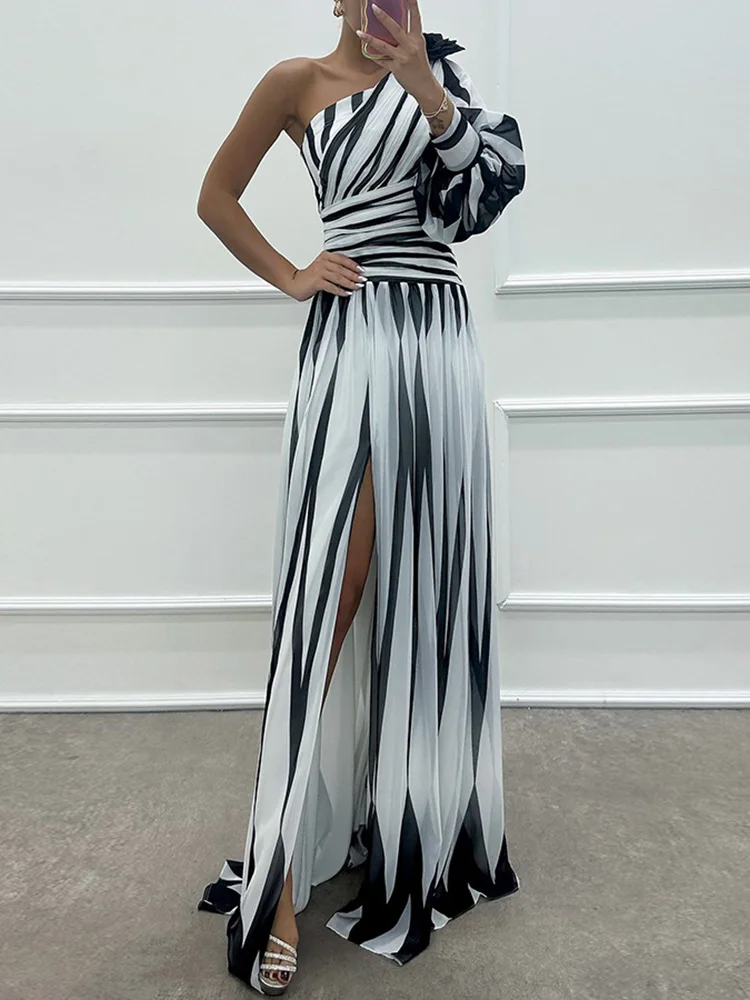 

Printing One Off Shoulder Fashion Party Dress, Women Spring Summer Skew Collar Simple Maxi Dress, 2024 Long Sleeve Ladies Dress