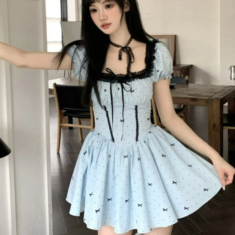 Fashion Polka Dot Design Sense Splicing Lace Lace Square Collar Dress Women's of Thin Temperament Super Fairy A-shaped Skirt