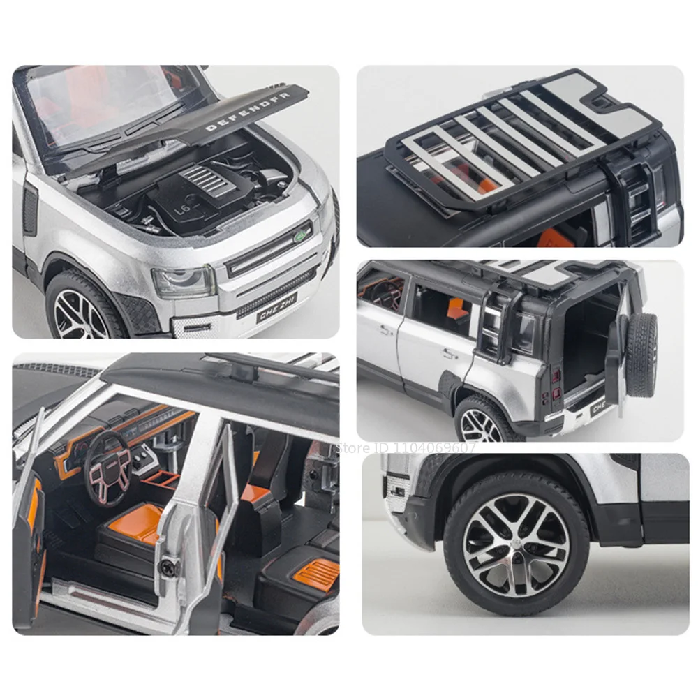 1:24 Land Rover Defenderของเล่นรถรุ่นโลหะผสมDiecast SV2022 SUVเสียงประตูเปิดดึงกลับตกแต่งรถของเล่นของขวัญ