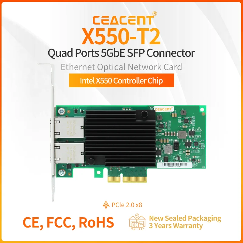 X550-T2 10Gb/s PCIe3.0 x4 การ์ดแลนแบบคู่พอร์ต RJ45 ชิปเซ็ตอินเทล X550 รองรับเครือข่ายอีเธอร์เน็ต 10, 5, 2.5, 1Gb