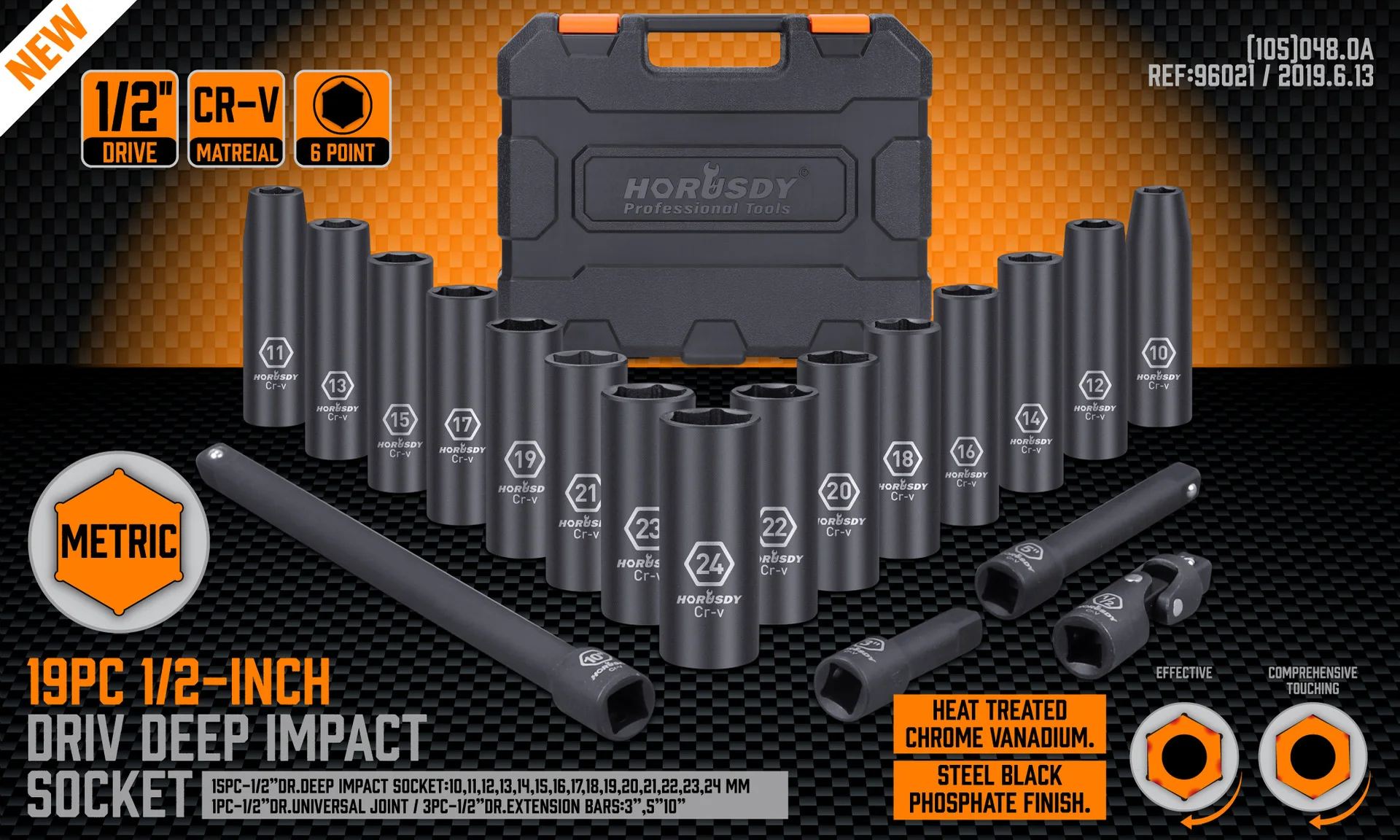 19pc 1/2-Inch Drive Deep Impact Socket Set with Adapters and Extensions, Chrome Molybdenum