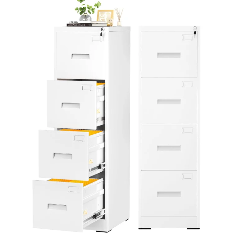 

4 Drawer File Cabinet, White Metal Filing Cabinet with Lock, Tall Locking File Cabinets with 4 Adjustable Hanging Fra