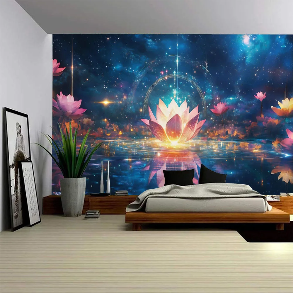 Lotus Starry Sky Yoga Meditation Tapestry - Wall Hanging Painting for Living Room Home Decor Creative Unique Design Floor Carpet