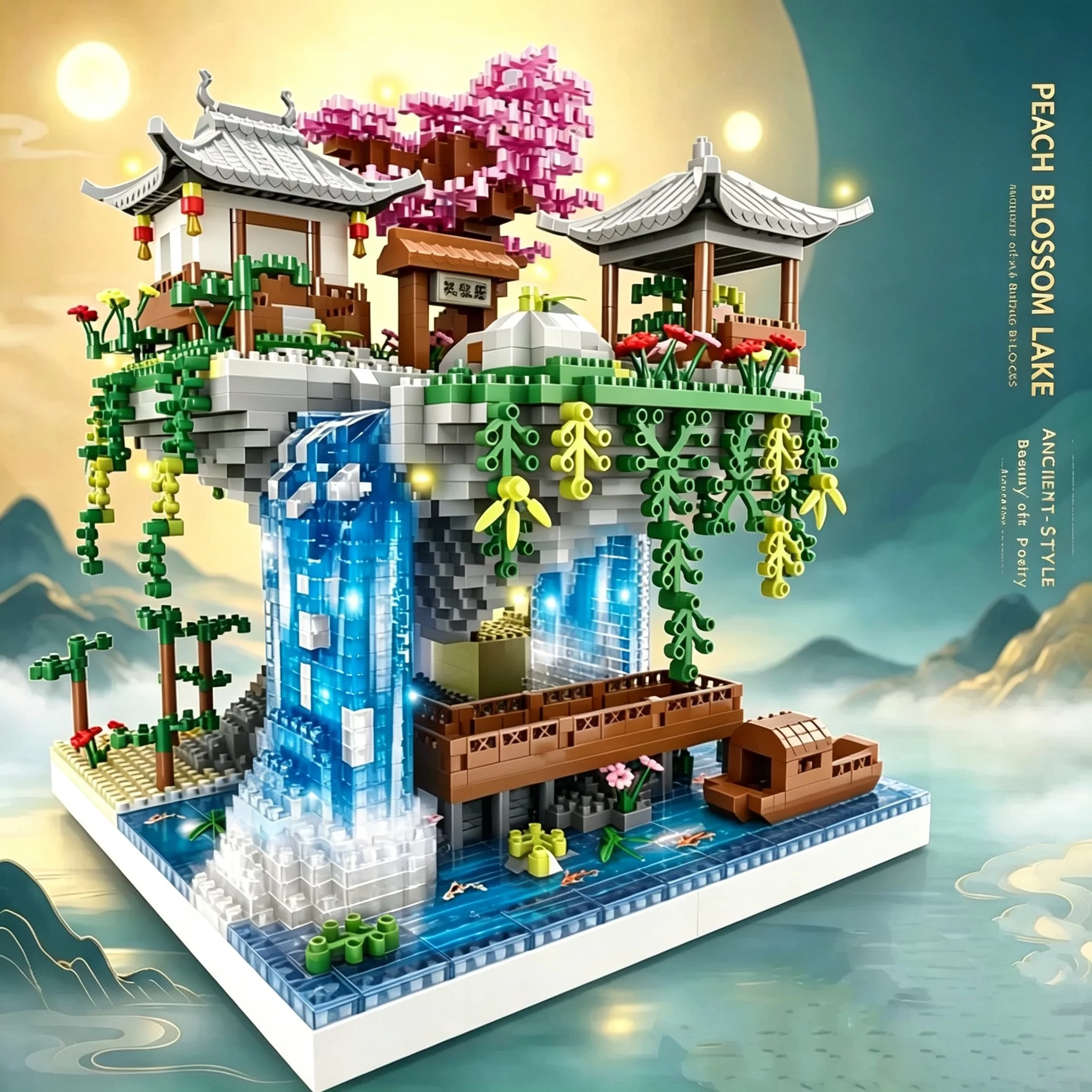 Sakura Tree House & Peach Tan Lake Themed Building Blocks Set, Micro‑Particle DIY Decorative Model Kit, Creative Toy for Adults