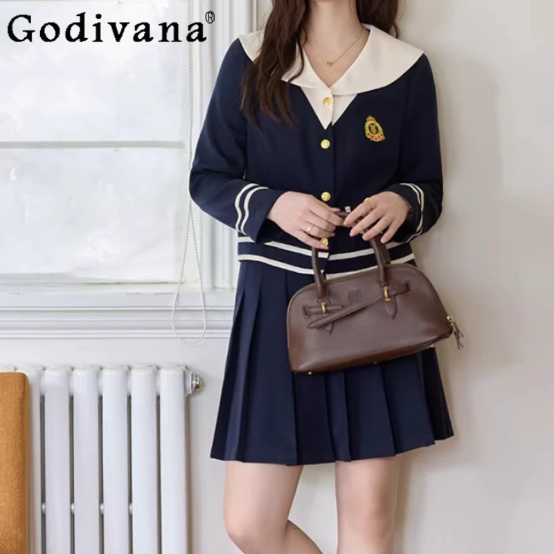

Spring Autumn New Large Size Women College Age Reduction Navy Collar Japanese Top High Waist A-line Versatile JK Pleated Skirt