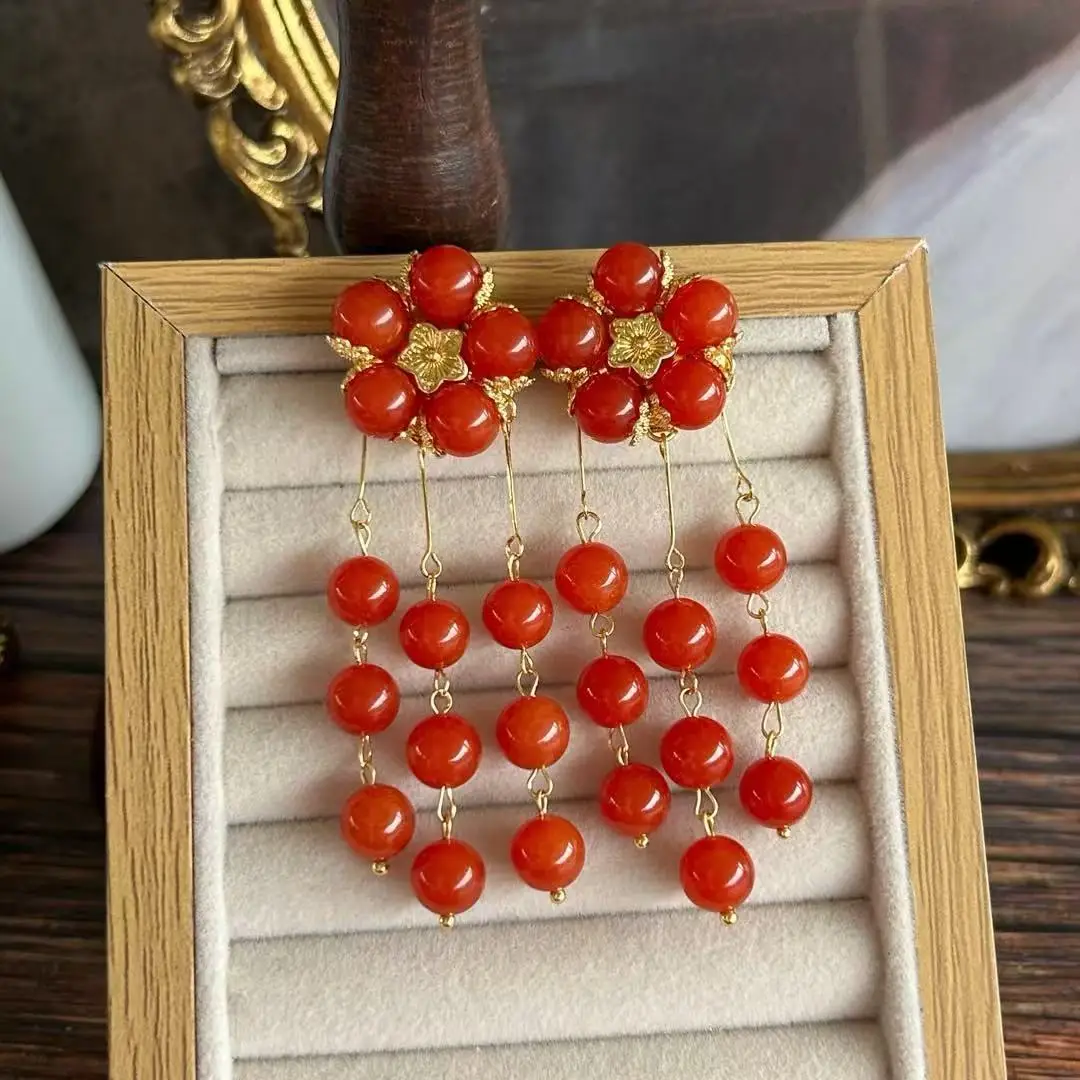 Medieval high-end natural stone agate beaded Italian grandma hand-woven retro earclip earrings