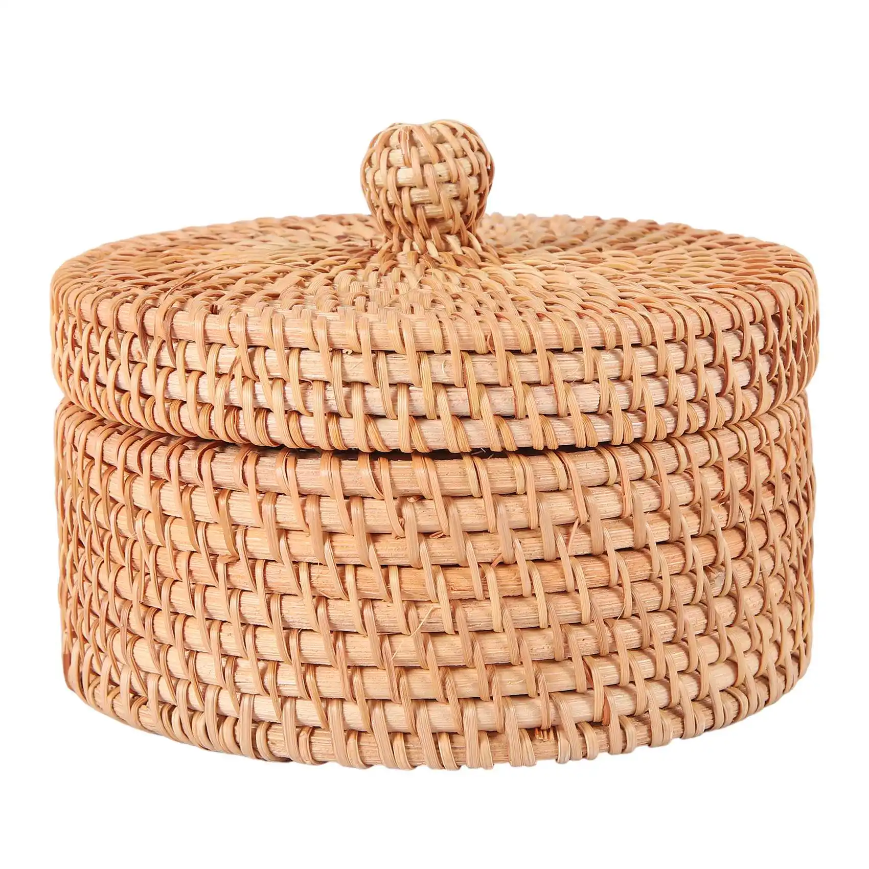 

Handwoven Rattan Storage Box with Lid Wicker Tea Food Container Picnic Bread Fruit Cake Basket Kitchen Organizer B