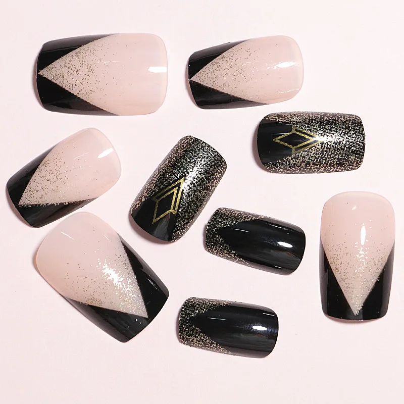 24 Pcs Fashion Press on Nails Square Cheap False Nails Set Black Gold V French Artificial Fake Nails for Gluing Acrylic Nail Art