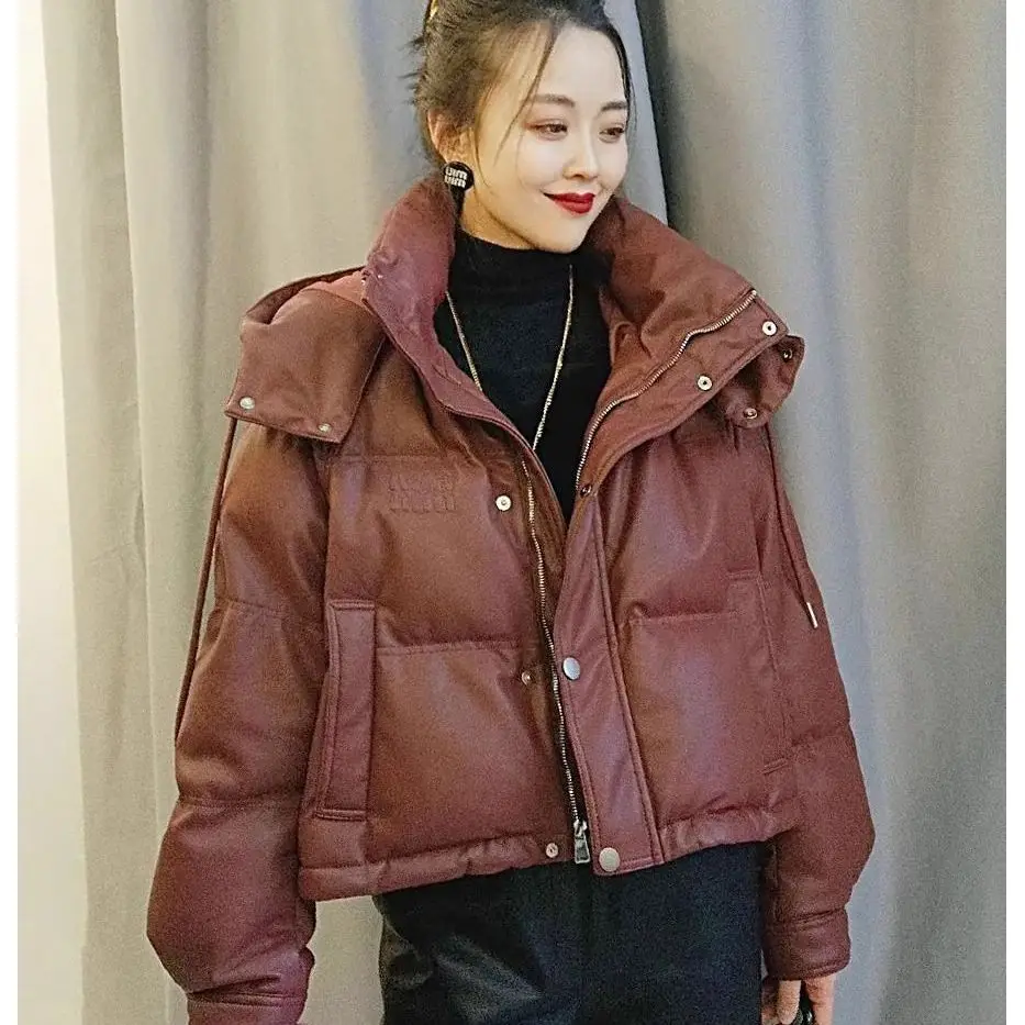 

Women's Short Padded Jacket Thickened down Cotton PU Leather Coat Warm Bread Style Winter New Arrival No Wash Korean Style