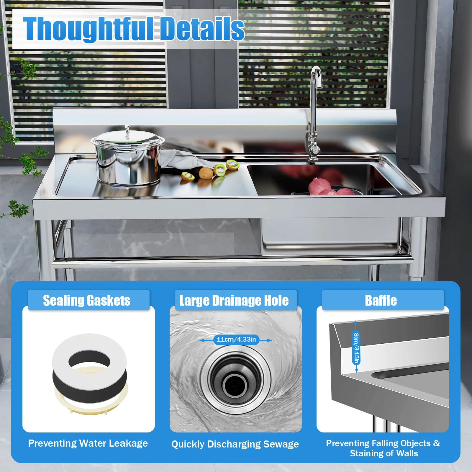 Commercial Kitchen Sink Prep Table with Faucet Stainless Steel Single Compartment Food Prep Table Sink Bowl Workstation