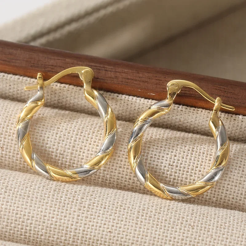 Fashion Two Tone Twisted Hoop Earrings For Women Elegant Gold Color Earrings Banquet Wedding Anniversary Jewelry