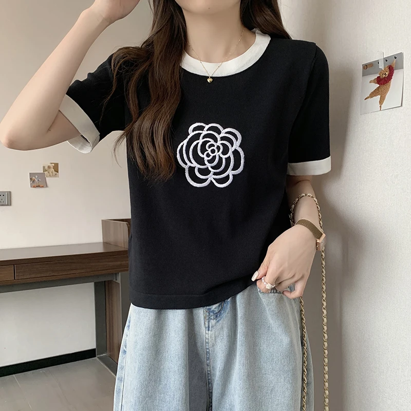 Camelia Embroidery Thin Ice Silk Knitted Tshirt Sweater Women Elegant Vintage Ladies Pullover Tops Short Sleeve O-neck Knitwear