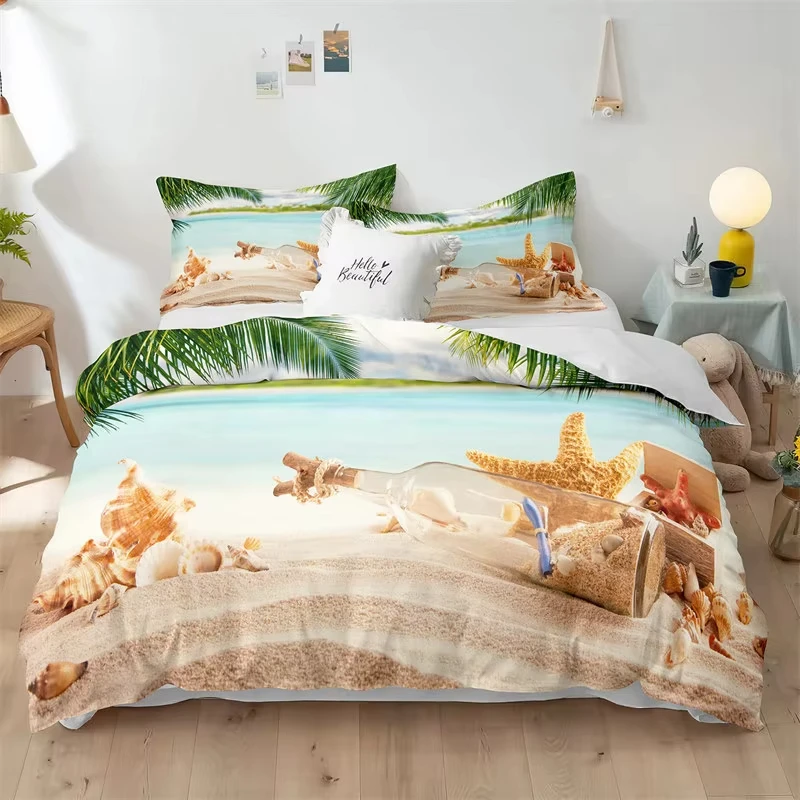 Beach Duvet Cover Set Seashell Starfish Bedding Set Microfiber Conch Scallop Print Comforter Cover Double Full For Kids Adults