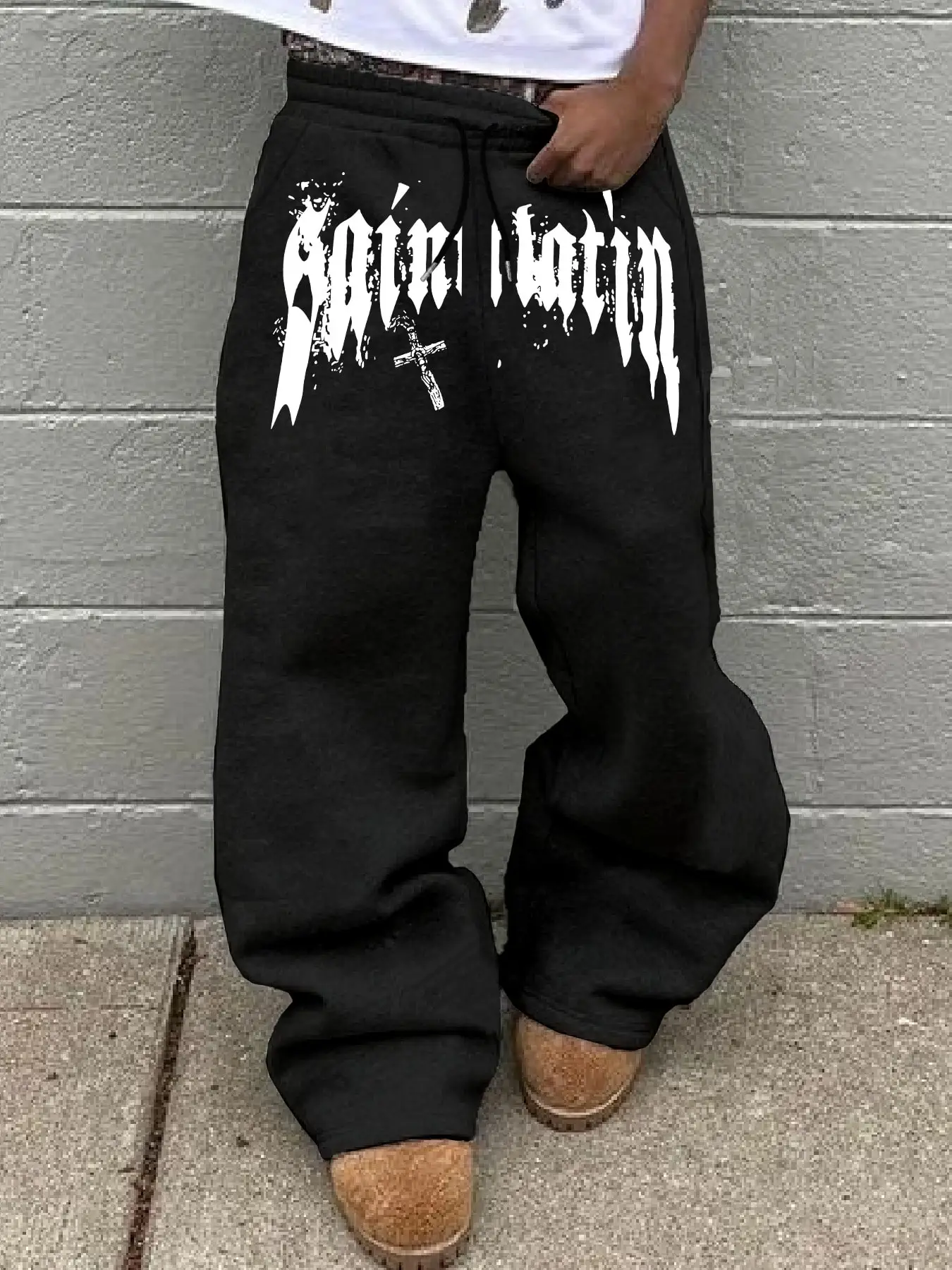 Unisex Polyester Letter and Cross 2D Print Straight-Leg Sweatpants, Loose Y2K Streetwear Sports Pants, Sizes S-3XL