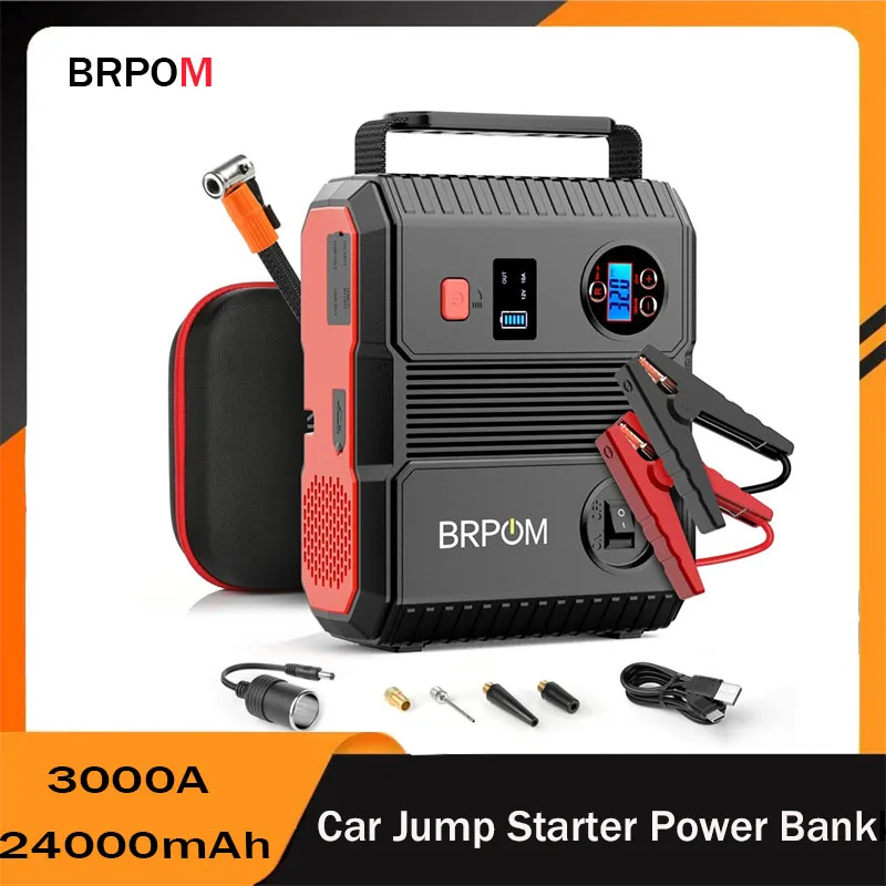 3000A Car Jump Starter Power Bank Portable 150PSI Air Compressor  Air Pump Battery Booster 24000mAh Automotive Starting Device